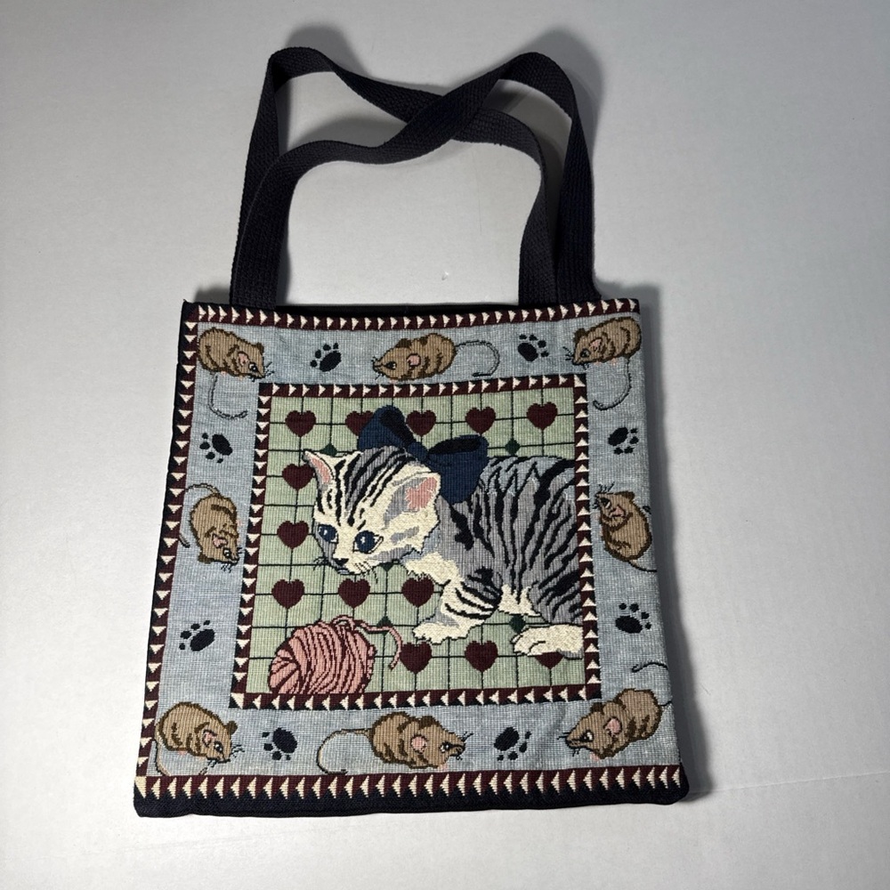 Tapestry Cats/Cat & Mouse Tote Bag Vintage Woven Kitten Print Purse Yarn Heart